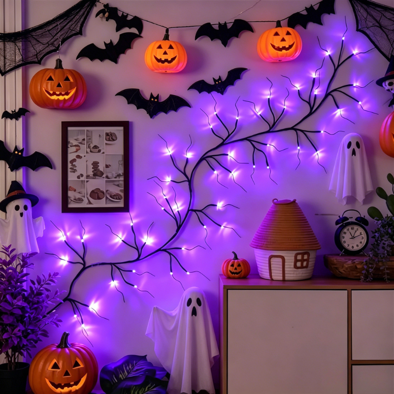 TEMU 1pc 48 Led Artificial Willow Lamp, Halloween Decoration Lamp, Indoor Wall Lamp, With Flexible Branches Design, 8 Lighting Modes, Suitable For