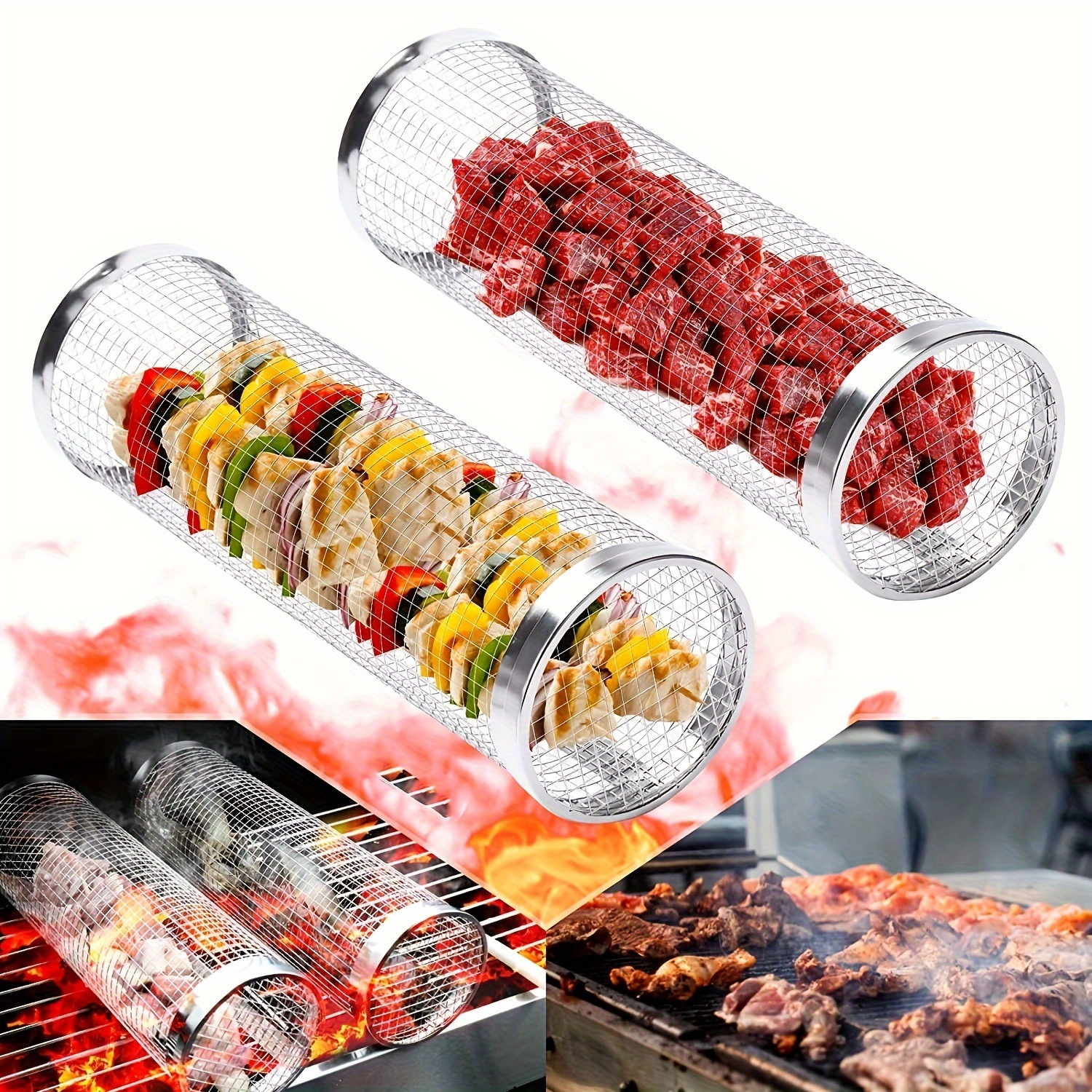 A Portable Cylindrical Stainless Steel Grill for Outdoor Camping, Featuring a Rotating And Rolling Barbecue Basket, a Barbecue Stand, And a Circular Stove Suitable for Camping And Picnics, Ideal for Outdoor Cooking