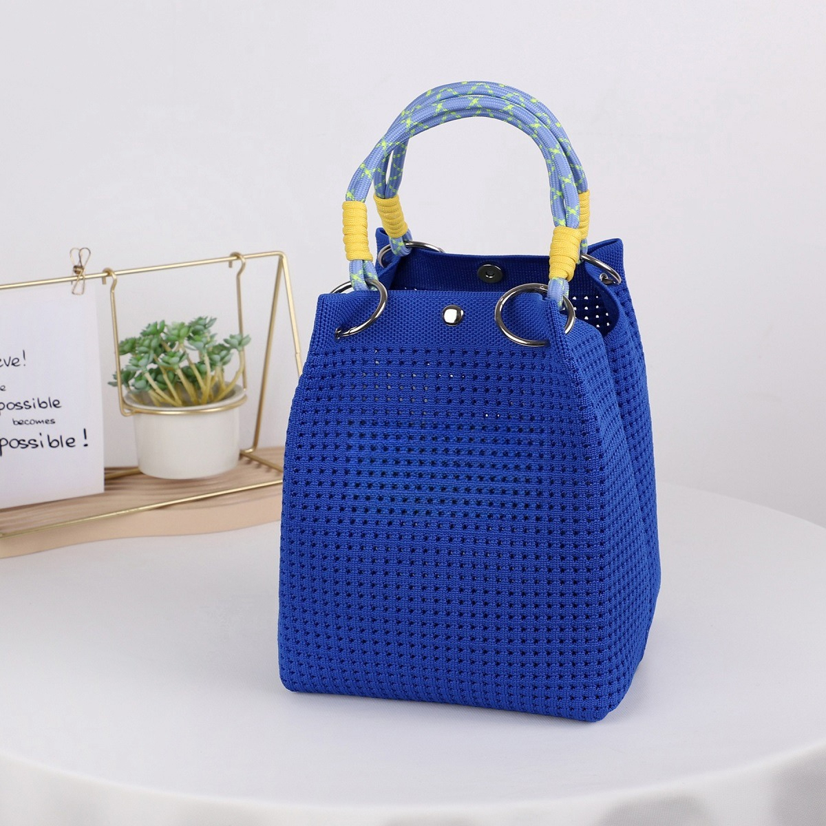 TEMU Women's Personalized Knit Hollow-out Small Handbag, Fashion Woven Top Handle Bucket Bag, Square Bucket Wallet With Detail, Lightweight Handbag