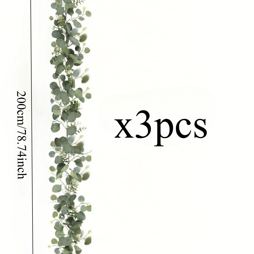Image of 3 Sets Of Extra-long 200cm Artificial Eucalyptus Garlands With White Stars - Premium Plastic Four-season Hanging Decorations, Suitable For Weddings, Engagements, Outdoor Patios