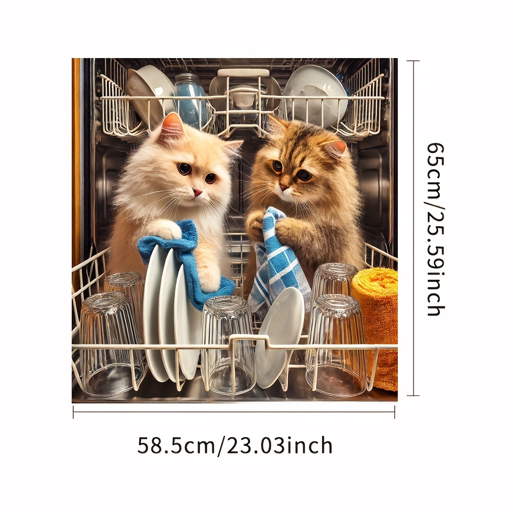 TEMU 1pc Cute Sister Cats Art Print Dishwasher Door Cover - Scratch-resistant Vinyl Sticker, Easy-to-clean Magnetic Appliance Decal For Dishwasher &