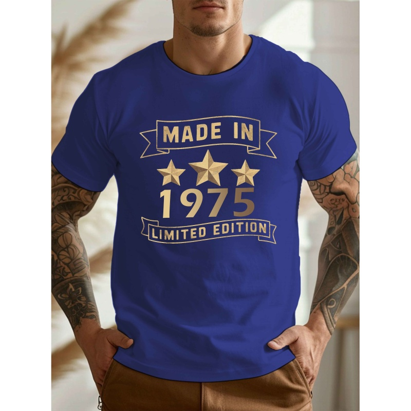 

[1pc 1975 T-shirt] 1975 Print Men's T-shirt - Polyester Geometric Pattern Casual Crew Neck Tee With Stretch, Knit Fabric Regular Fit Summer Top