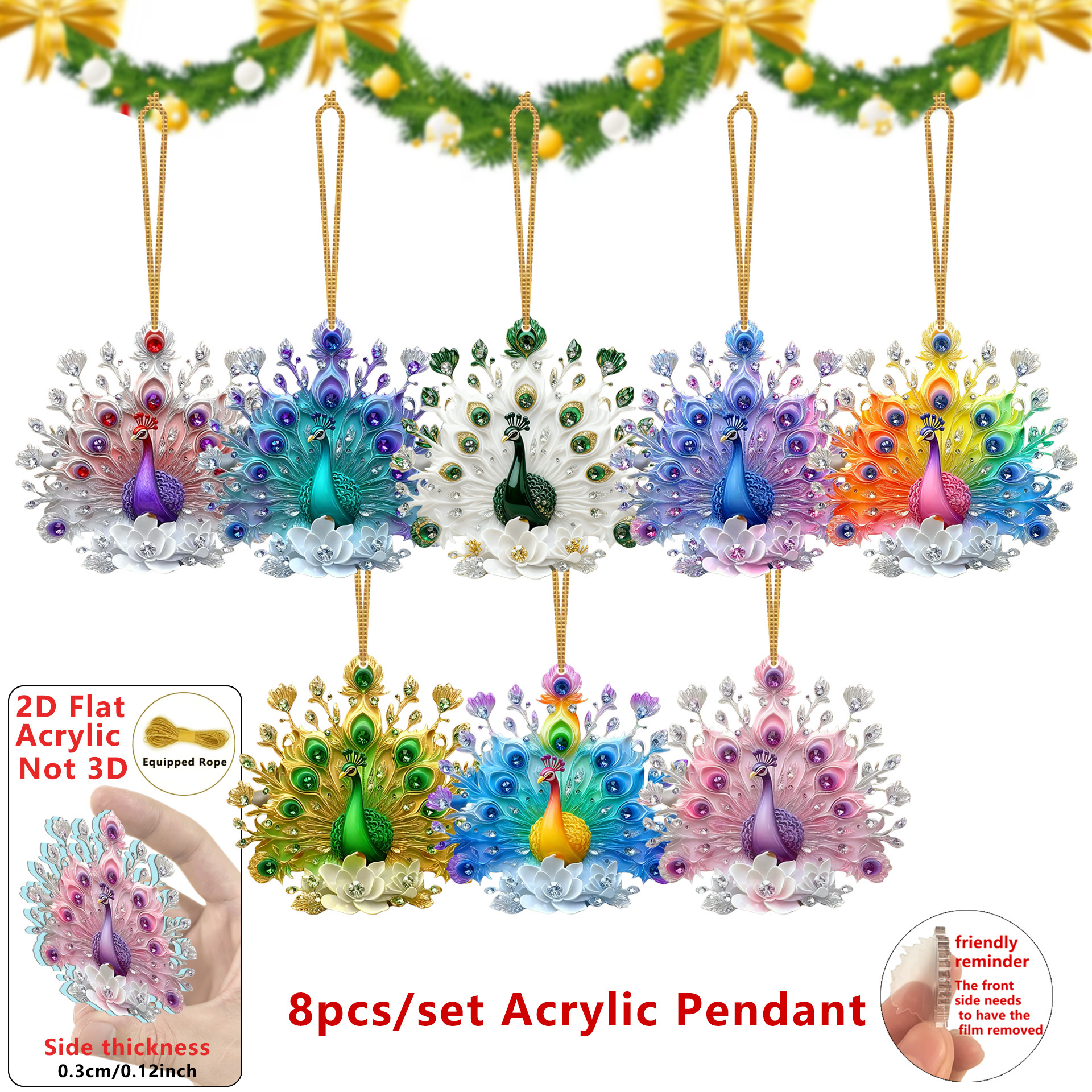 TEMU 2d Flat, 2d Flat-8pcs Exquisite Christmas Diamond Pearooster Acrylic Pendant, Crystal Pearooster Pendant For Home Decoration, Christmas Party