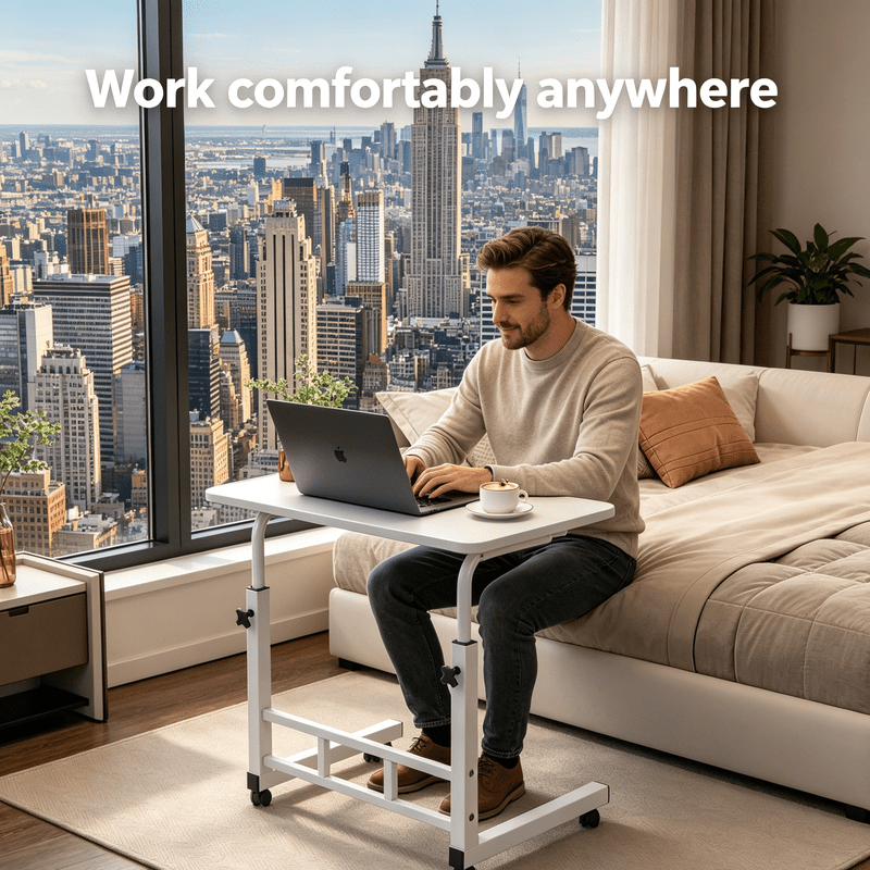 23.62–89.99cm Height-Adjustable Mobile Sofa Side Table | Bedside Computer Desk with Locking Casters,     Tool for Small Apartments/Dorms, Simple Wood Grain Design with Durable Structure,   Rolls to Bedside or Sofa