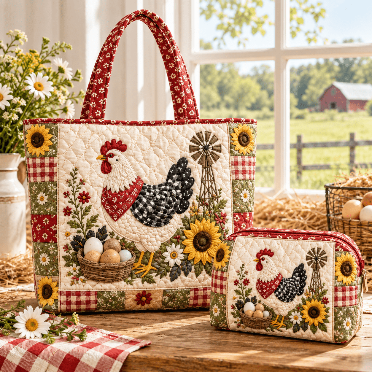 TEMU 2pcs Women's Farmhouse Country Rooster, Sunflower And 2pcs Quilted Tote Bag Set With Matching Pouch, Lightweight Spacious Shoulder Handbag And