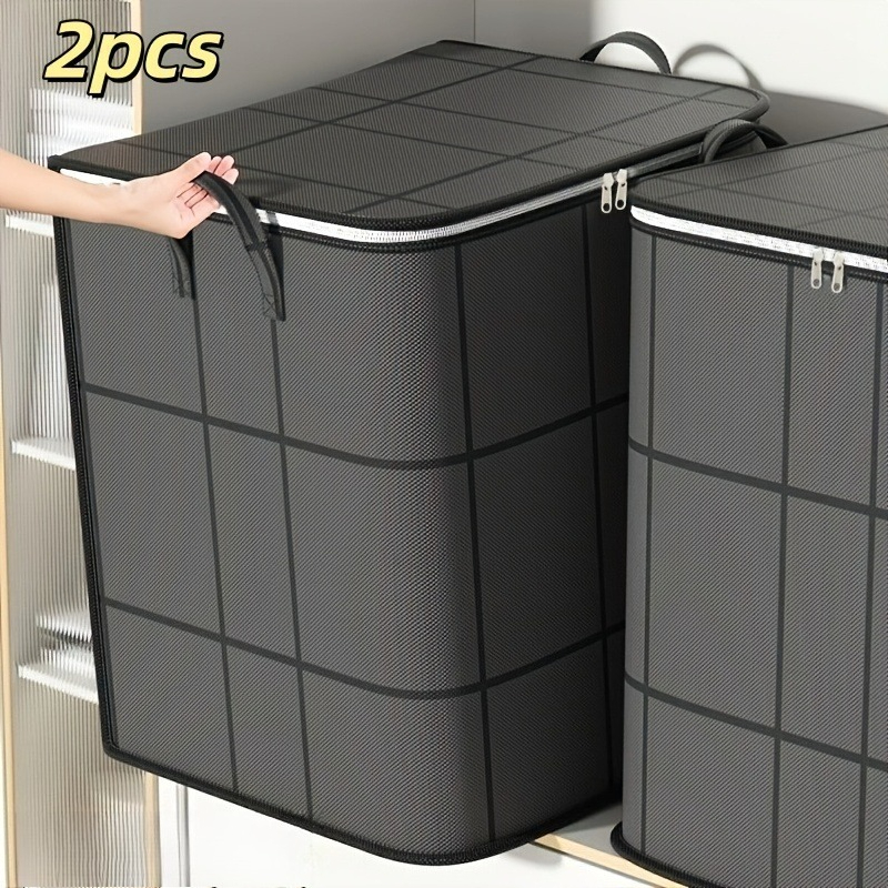 TEMU 2pcs (180l And 180) Stackable Large Capacity Black Wardrobe Storage Baskets, Space-saving Duvet Storage Boxes With Thickened Moving Bags, Home