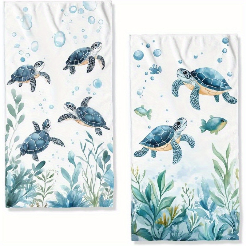 TEMU 2pcs Set, World Themed Printed Fingertip Towel/kitchen Towel, Featuring 4 Sea Turtles In Poses, Surrounded By Bubbles And Seagrass/seaweed At ,