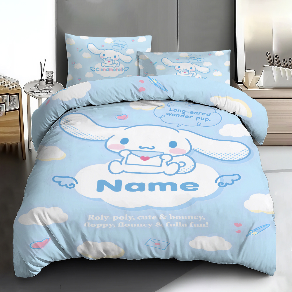 

3pcs Sanrio Cinnamoroll Customizable Bedding Set - Personalize , Soft & Bouncy Polyester Duvet Cover (1) And 2 Pillowcases, & , Machine Washable, Ideal For ' Rooms & Guest Bedrooms