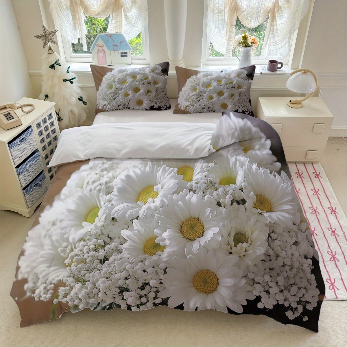 TEMU 3 pièces Ensemble de Literie Marguerite Blanche + Imprimé Fleur Marguerite (1 Housse de Couette + 2 Taies d'Oreiller, Garnissage) + Adapté à