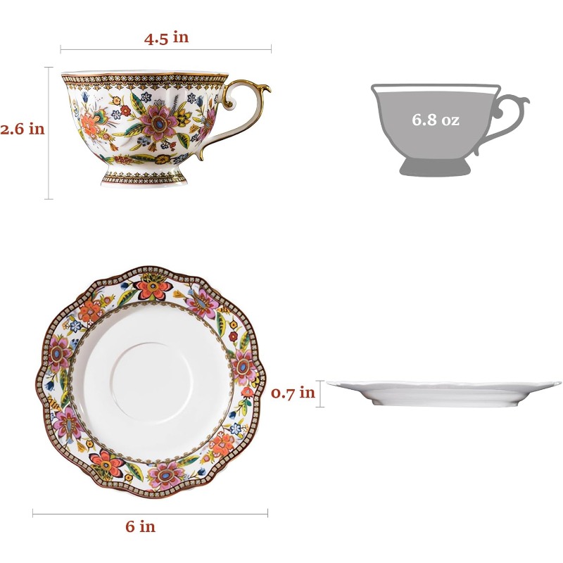   vintage floral bone china tea cup and saucer set for 1 - elegant 6.8oz tea service with  , pink/red/blue/green/white/black/golden floral patterns, durable & lightweight, gift box included - ideal for  , weddings, housewarming -   set with embossed flowers design, high-temperature   for long- ,   coffee or tea,   matching saucer and spoon, teacup, cups for tea Product details 5