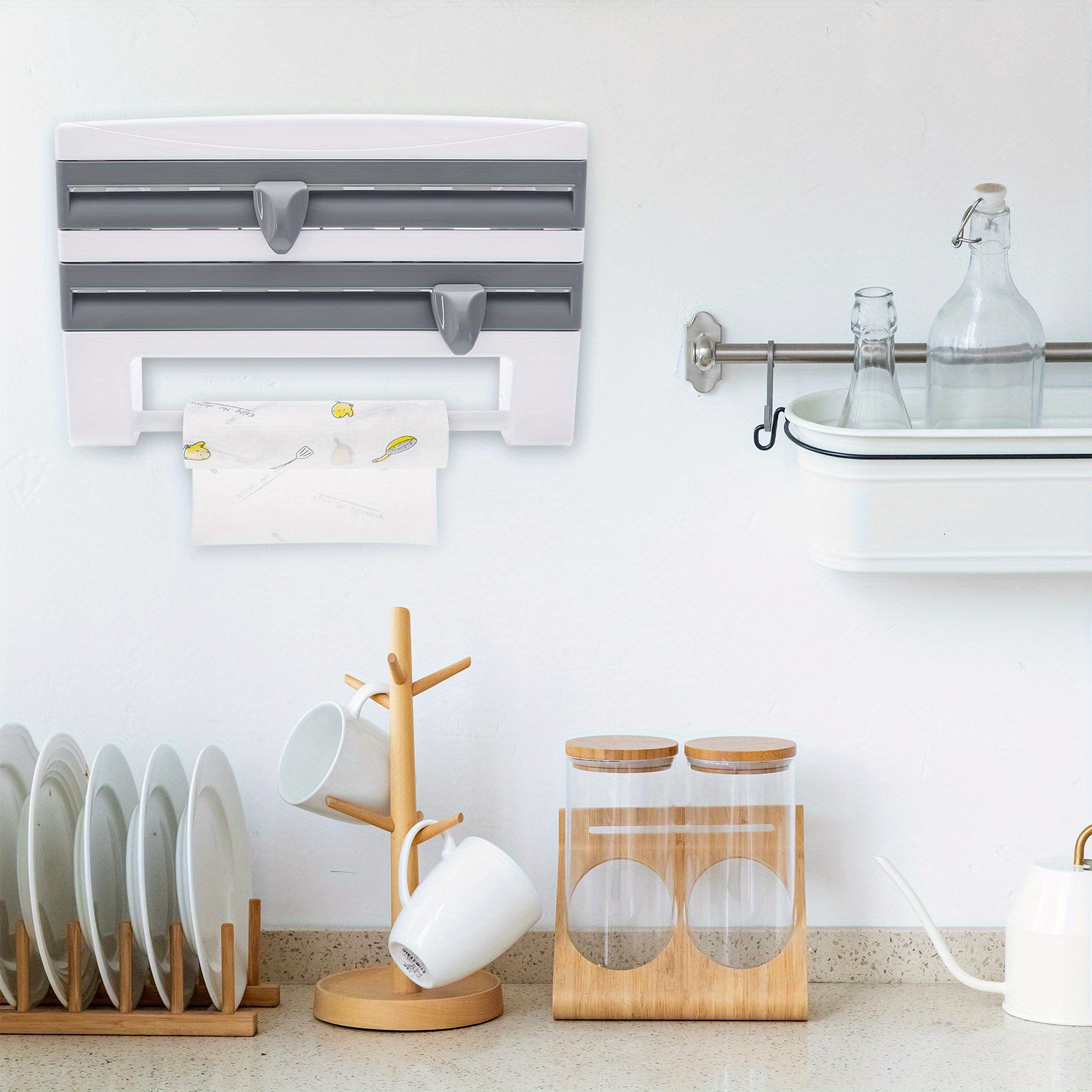 4in1 Wall Roll Holder, Kitchen Roll Holder Aluminum Foil Foil Cutter Kitchen Paper
