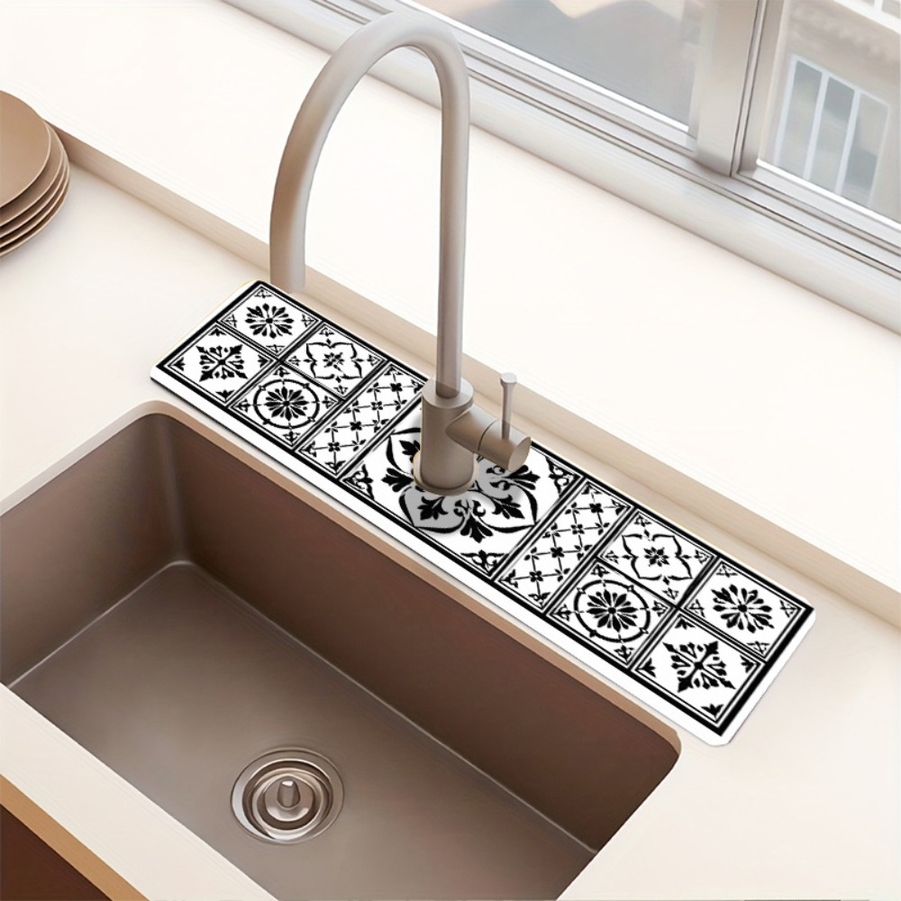 TEMU 1 Black And White Floral Pattern Faucet Mat Dish Towel Absorbent Mat, Suitable For Household Washbasins, Kitchen Sink Drain Mats, And Dining