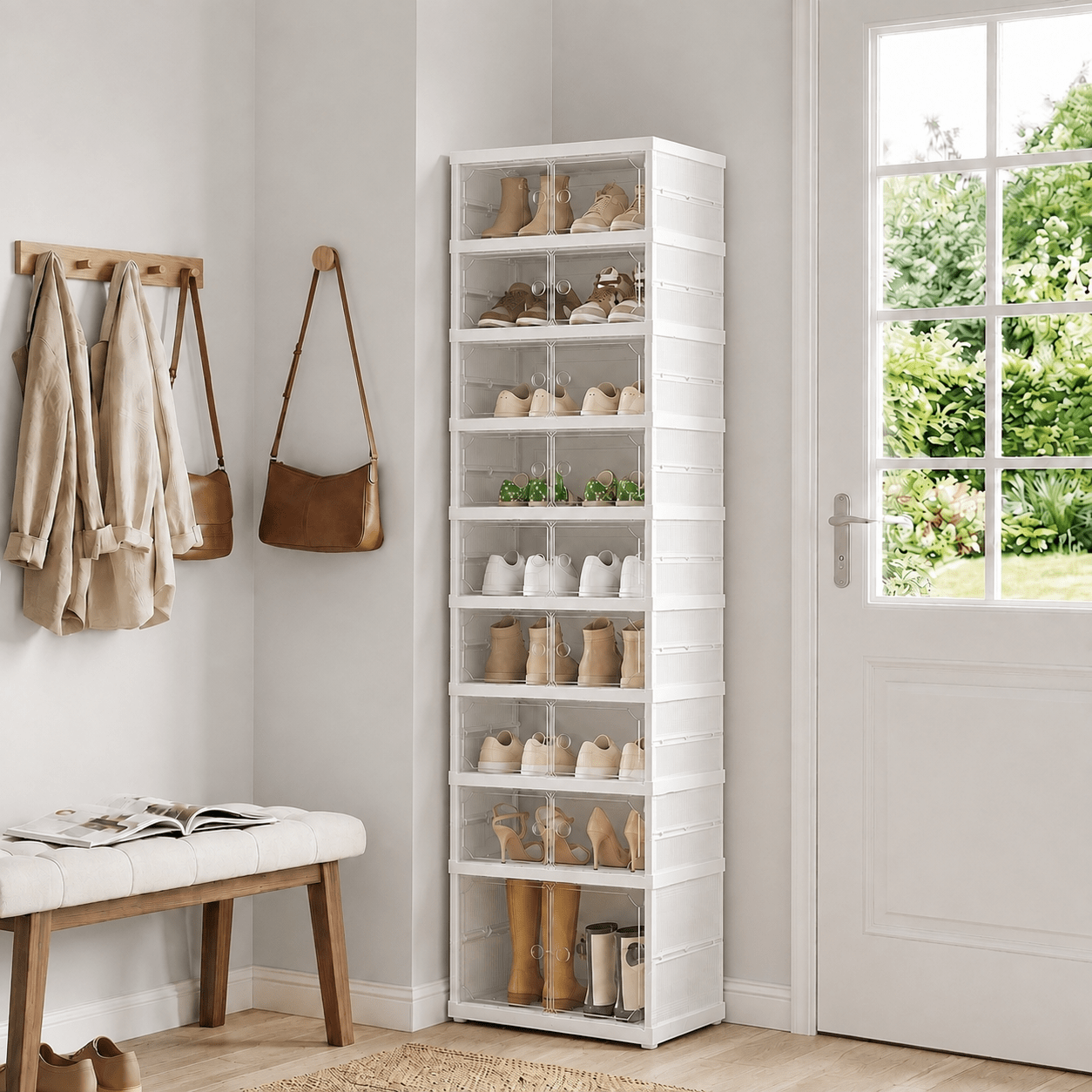TEMU Scarpiera pieghevole a 9 ripiani senza attrezzi per fino , organizzatore per scarpe con scomparto per alti e ante magnetiche trasparenti per e