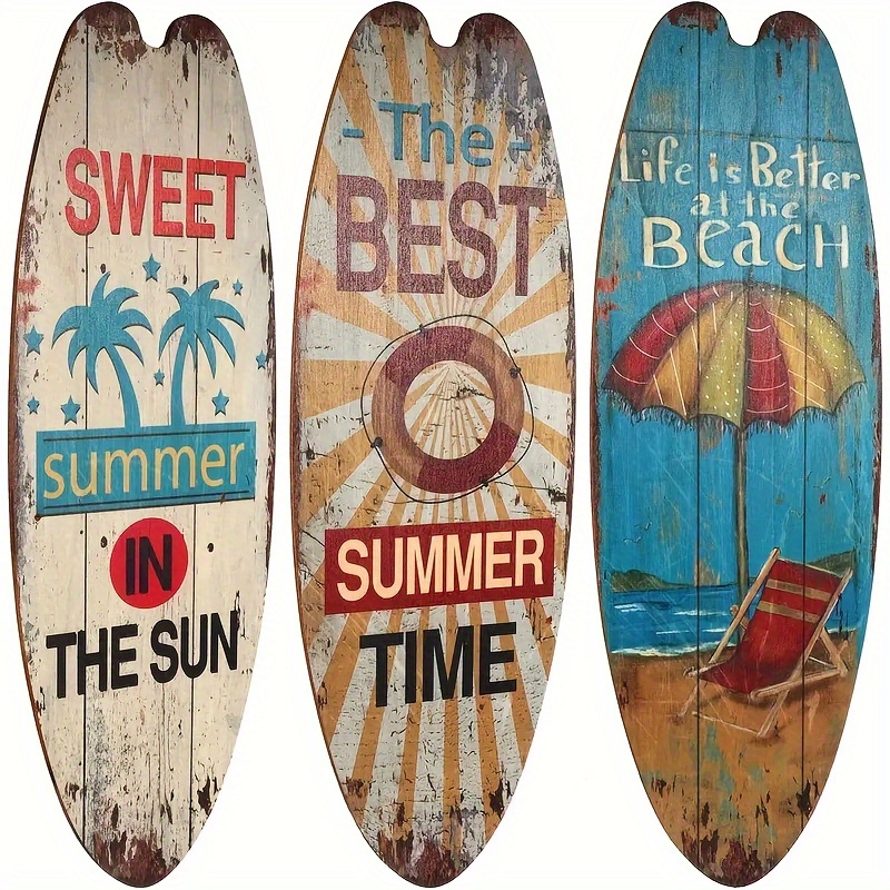 E-shop 2D Flach, 3-teilige Surfboard-Dekoration im Stranddesign – Ideal für Wohnzimmer, Schlafzimmer, Badezimmer – Vintage Surfboard mit Palme &