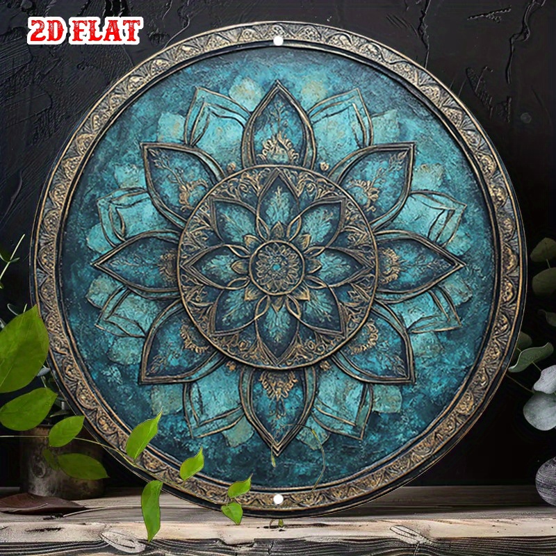 E-shop [2D Flach] 1 Stück Vintage Teal & Golden Floral Mandala Metallschild - Prägtes Rundes Aluminium-Wandkunstwerk mit Intrikatem Design, Rahmenloses