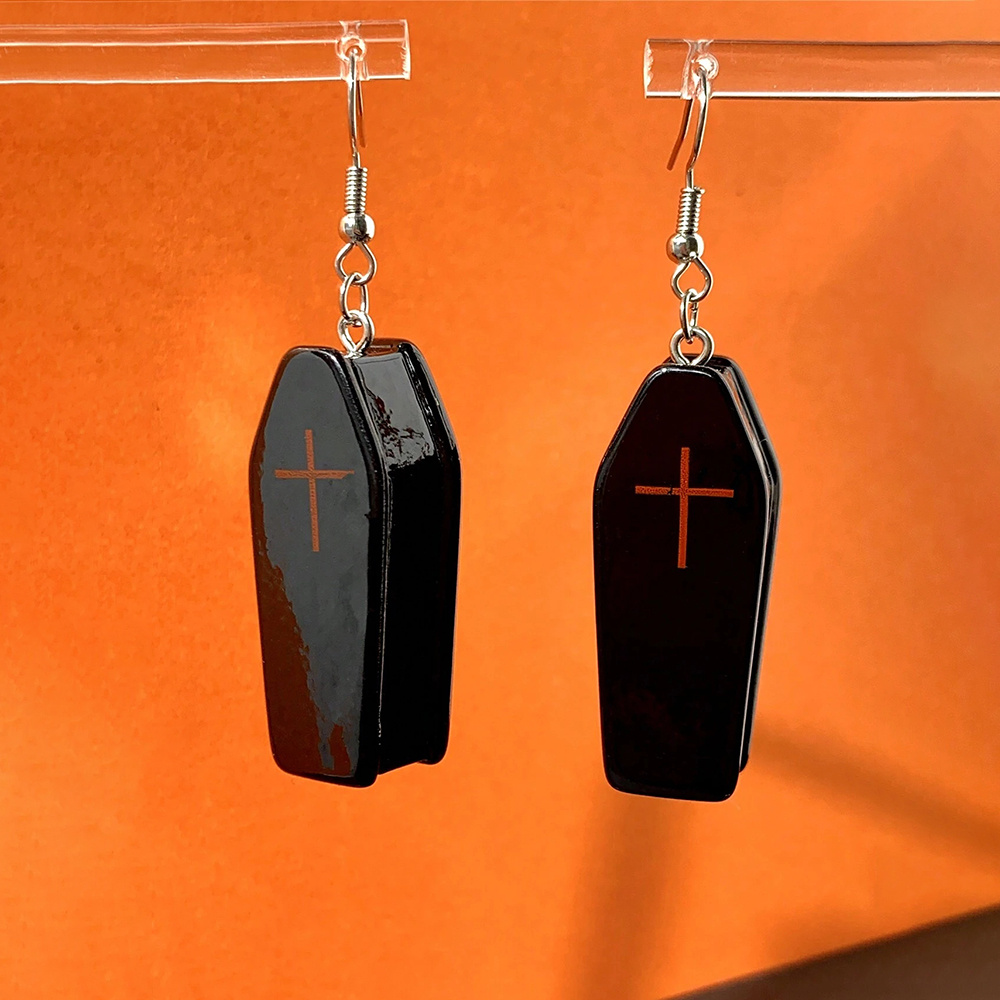 Image of 1 Pair Halloween Gothic Style Cross Coffin Earrings Dark Style Coffin Earrings, Women's Fashion Drop Earrings, Resin Material, Halloween Party Banquet, Halloween Gothic Style Earrings