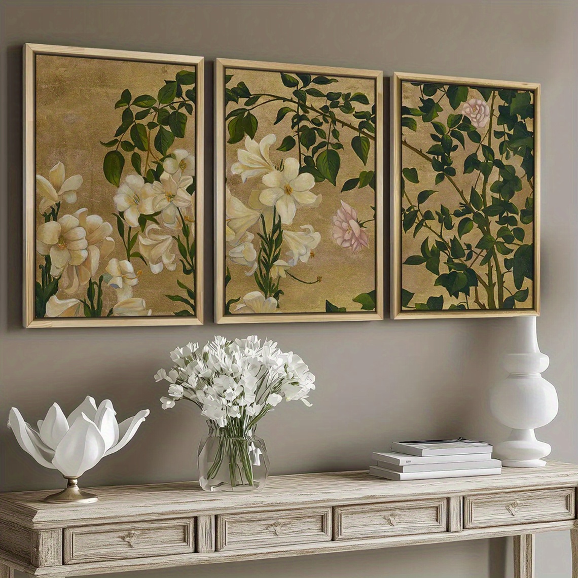 Botanische Wandkunst 3-teilig – Salbeigrün, Aquarell Wildblumen, Je 30x40 Cm, Gerahmt