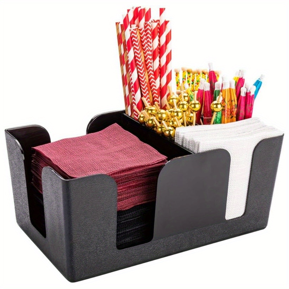 Bar Lux 9.5 X 5..2 Inch Bar Caddy 1 Pebbled Napkin Holder - 6 Compartments Organize Straws Napkins Or Condiments Black Plastic Bar Organizer For Homes Bars Or Offices