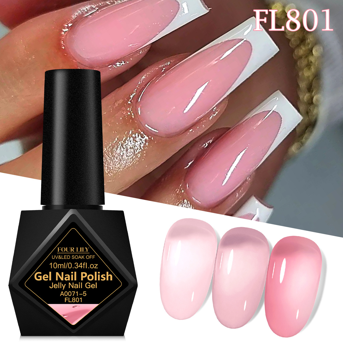 Fourlily 0.34oz Pink Jelly Nude Gel Nail Polish, Pink Translucent Soak Off Gel Semi Permanent Vernish Need Led