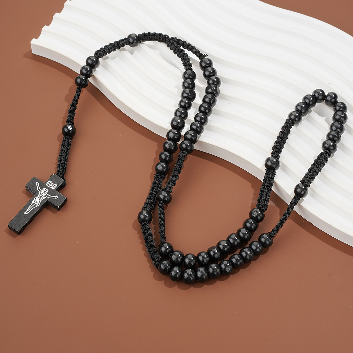 10mm Wooden Bead Prayer Rosary with Jesus Cross Pendant