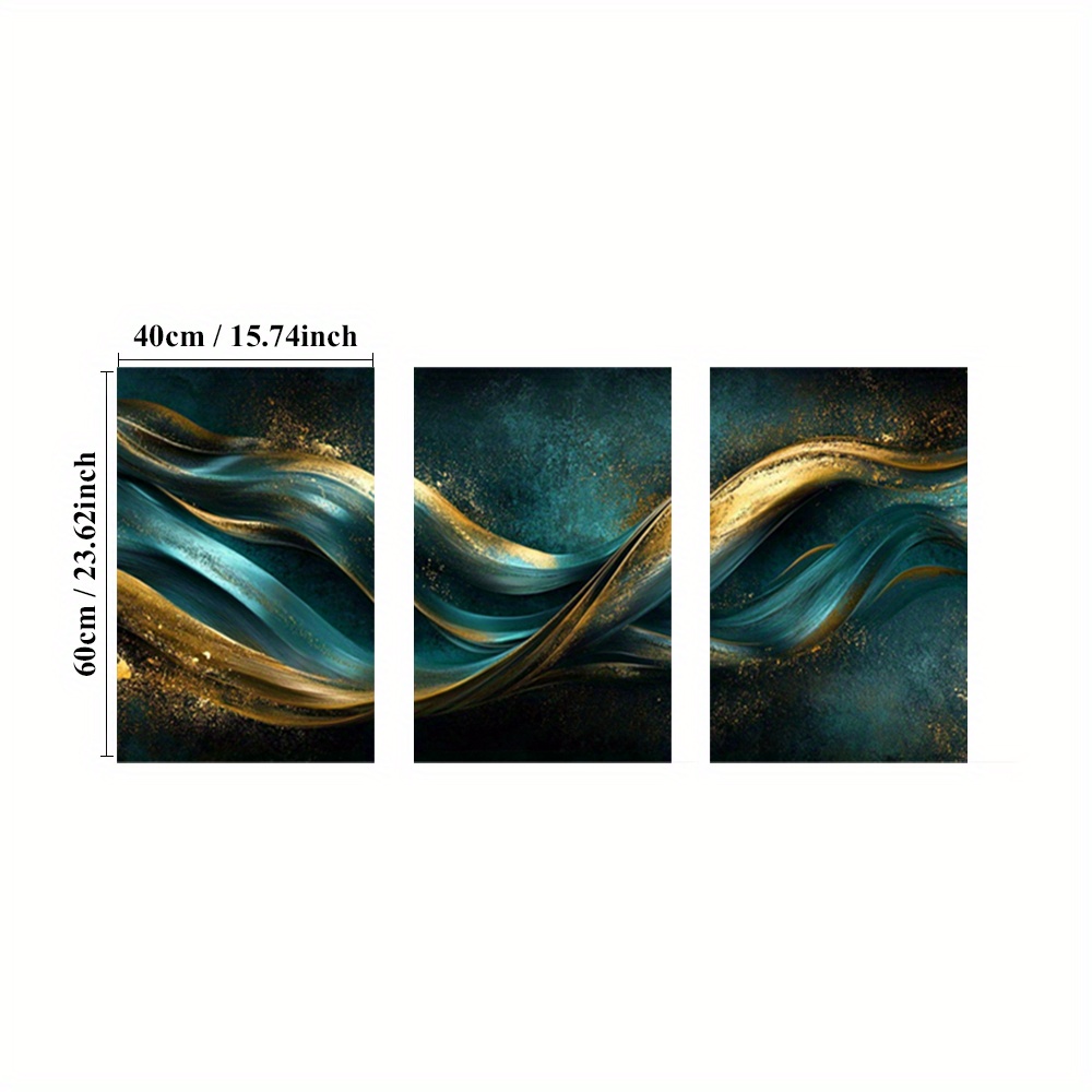TEMU 3pcs Framed Art, Abstract Wall Art, Gold Art Prints, Waves Canvas Print, Teal Paintings, Blue Poster, Paintings, Decorative Artwork, Painting,
