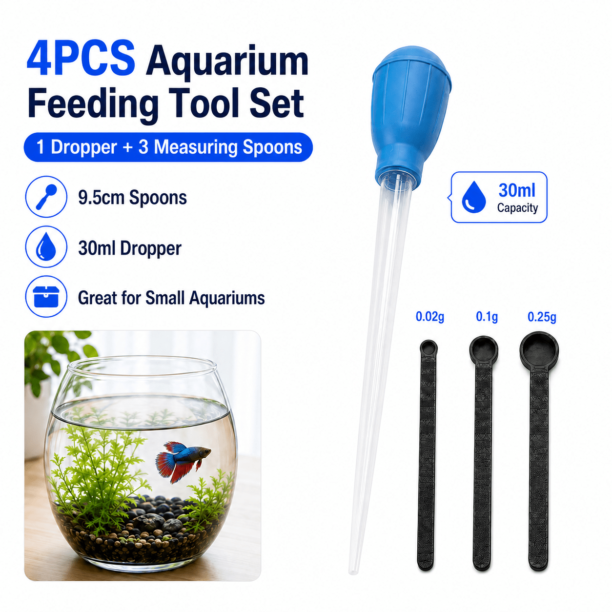 TEMU 4pcs Aquarium Feeding Tool Set With Long-handle Dropper & Suction, Measuring Fish & Mini Feeding Spoon Suitable For Small Fish Tanks, Nano