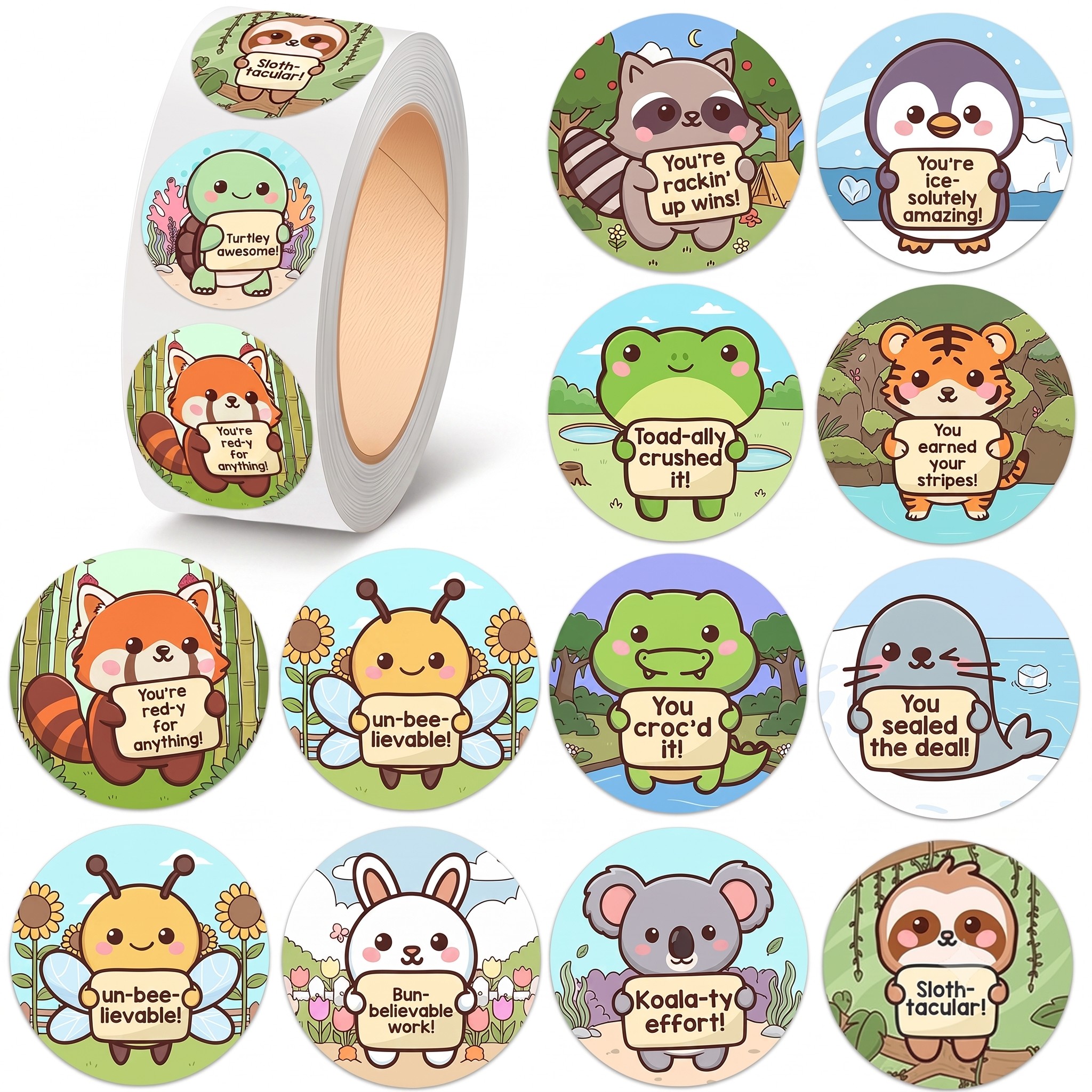 TEMU 500pcs Punny Stickers Roll Suitable For Office,, Journaling - Glitter Praise Seals With Punny Phrases, 1" Round Motivational Labels, Glossy