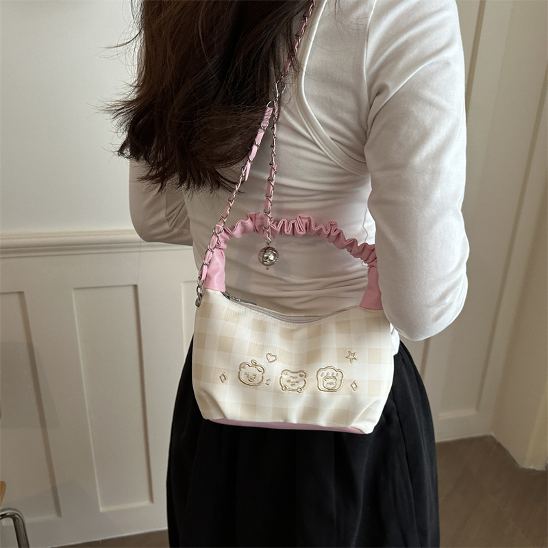 Plaid Ruched‑Handle Hobo Bag Women Pearl Bow Chain Crossbody Shoulder Purse_voghion.com