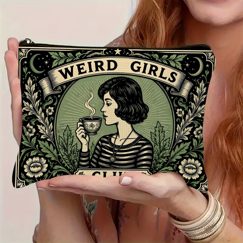 TEMU 1pc 2d Flat Printing Retro Illustration Style "weird " Slogan Double-sided Printed Makeup Bag, Multifunctional Beauty Storage Bag, Zipper