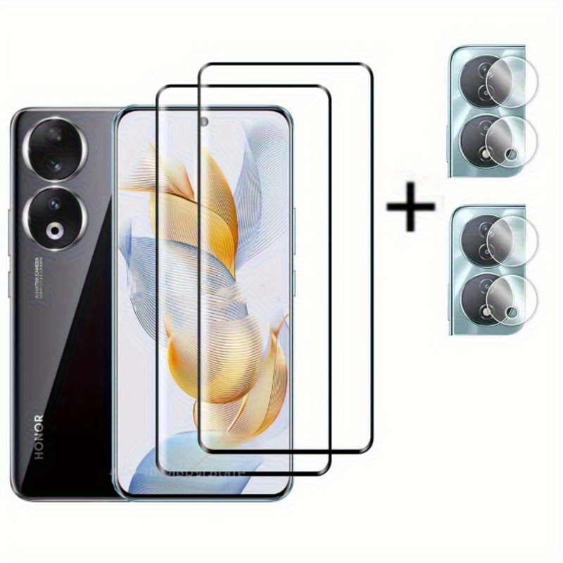 E-shop 2+2 Set geeignet für Honor 90 5G, beinhaltet 2 gehärtete Glasbildschirmschützer + 2 Kameraobjektivschutzfolien, Hochharte Glas, 9H Härte HD