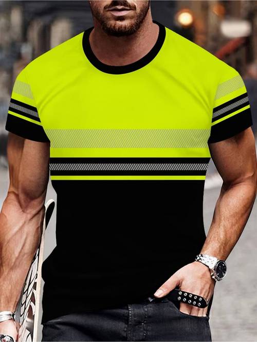fluorescent yellow black contrast striped short sleeve t shirt round neck top street cool mens short sleeve
