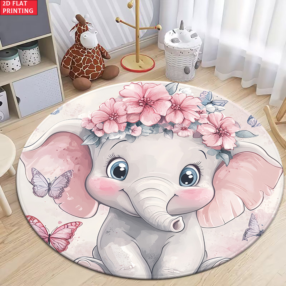 TEMU 2d Flat 1pc 850gsm Cute Circular Flower Elephant Hd Printed Round Carpet, Kitchen Rugs, Yoga Mat, Non-slip Bathroom Mats, Absorbent Washable