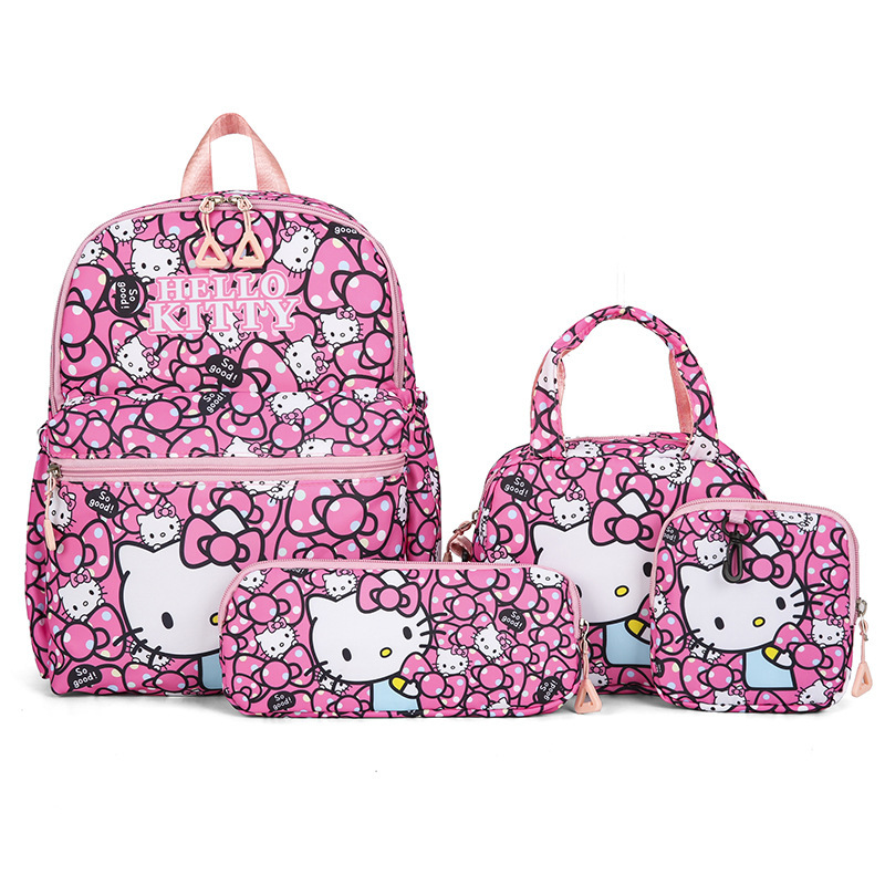 

4pcs Sanrio Hello Kitty Backpack Set, Cartoon Animal Print, Nylon Material, Zip Closure, Polyester Lining, - Includes Shoulder Bag, Pencil Case, Lunch Bag, And Large Backpack