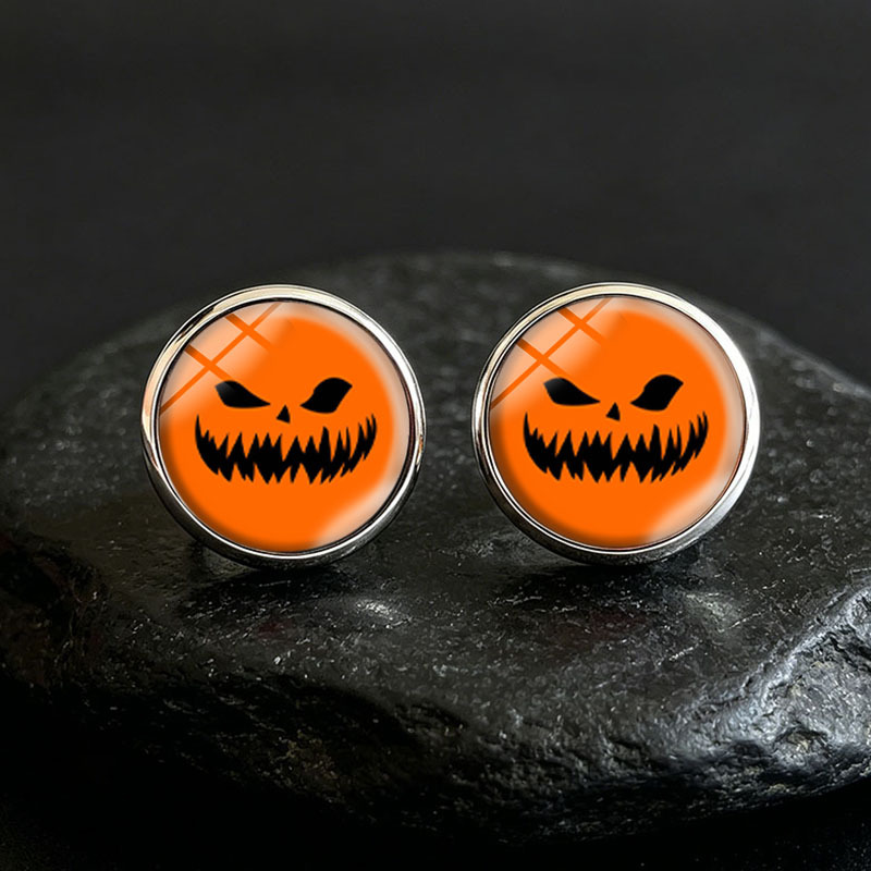 TEMU 1 Pair Spooky Pumpkin Face Round Stud Earring Glass Dome Men's Earrings Stainless Steel Jewelry