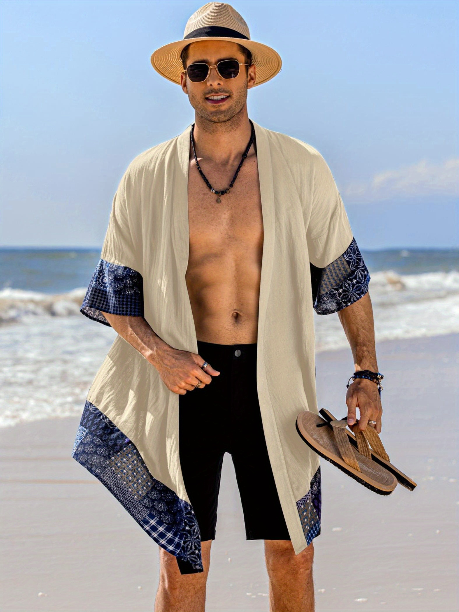 ジャケット・アウター OMNIGOD BEACH CLOTH CARDIGAN COAT Kimono for Men Half Sleeve Men's Beach Kimono Shirt Japanese
