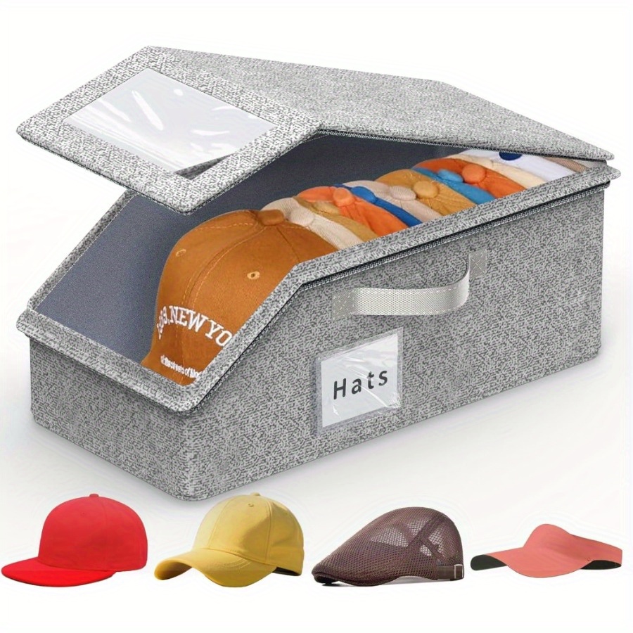 13 hats storage box with transparent window cardboard base heavy duty stackable organizer dust proof zipper closure non woven fabric tpu cover foldable design for baseball caps flat hats belts scarves space saving closet organizer