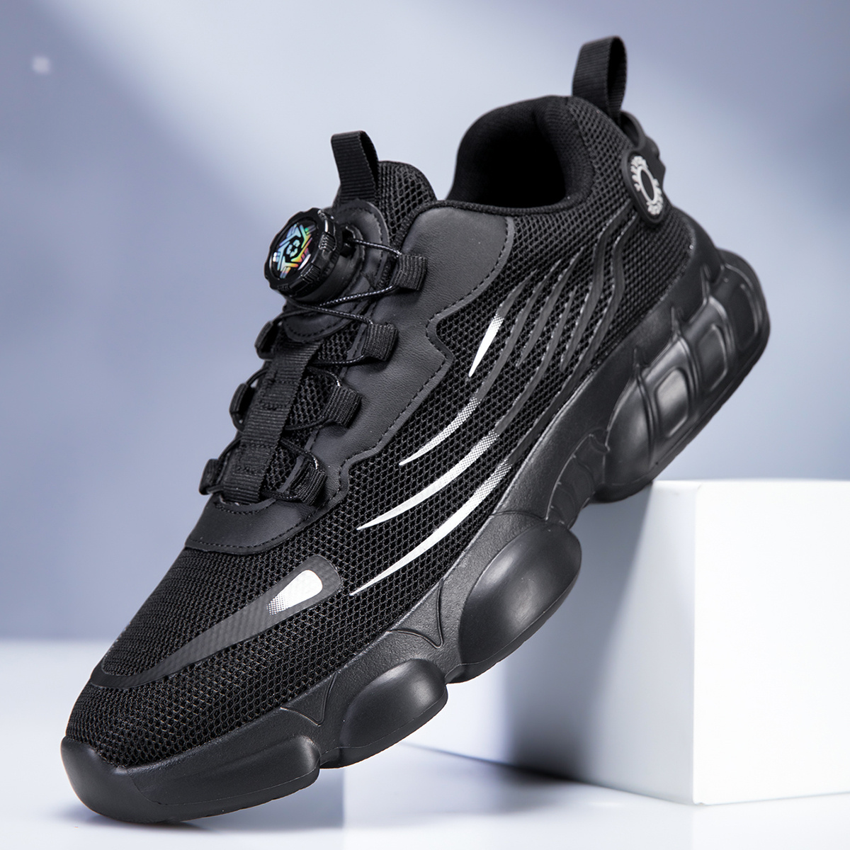 TEMU Tskvcel Men's - Lightweight Sneakers With Rotating Button Closure & Thick Sole - Breathable Low-top Casual Shoes Suitable For Daily Commuting,
