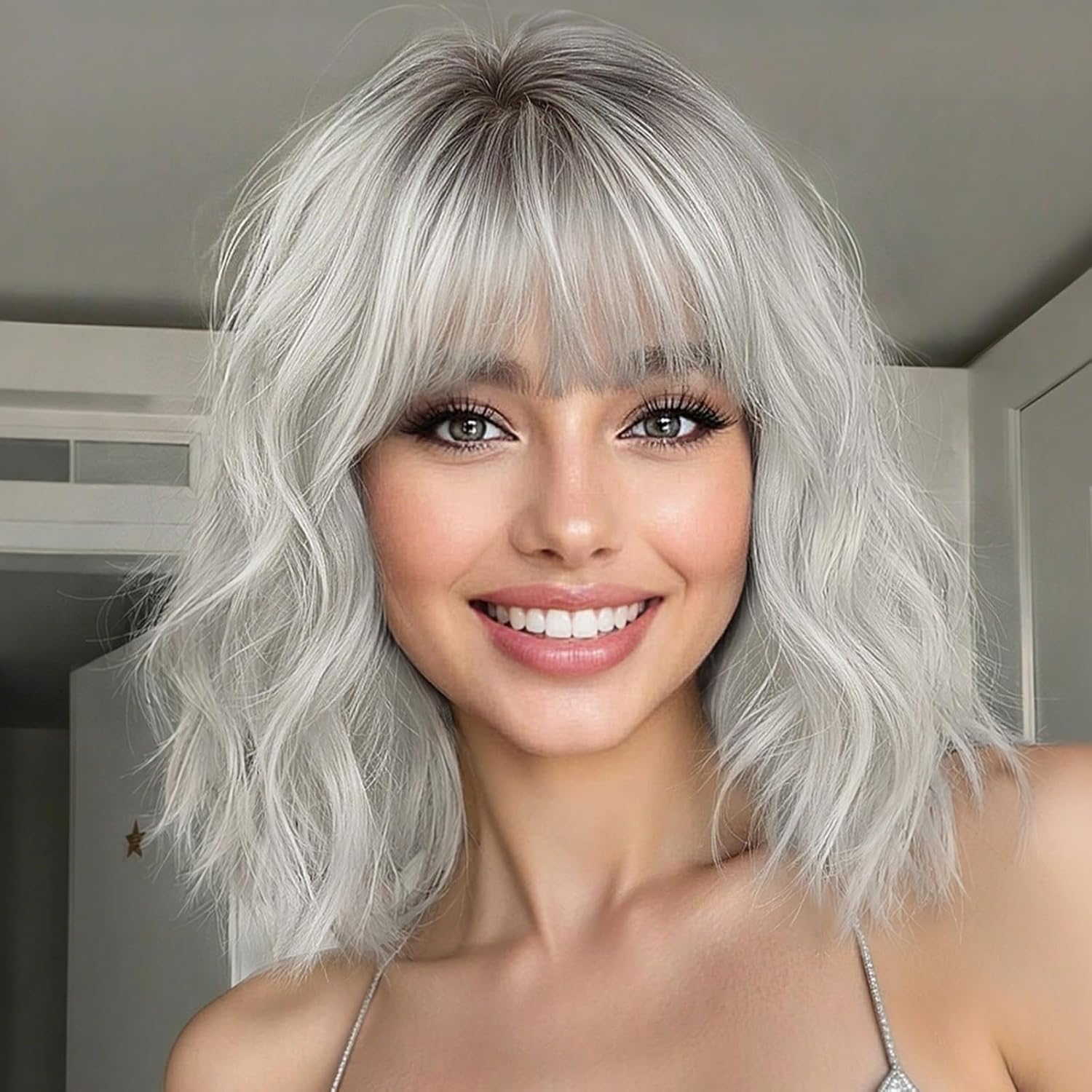 TEMU Nnzes Women's Short Wavy Wig With Bangs - Shoulder Length Curly Synthetic Hair Wig Suitable For Daily & Party Use, Heat Resistant Natural Wavy
