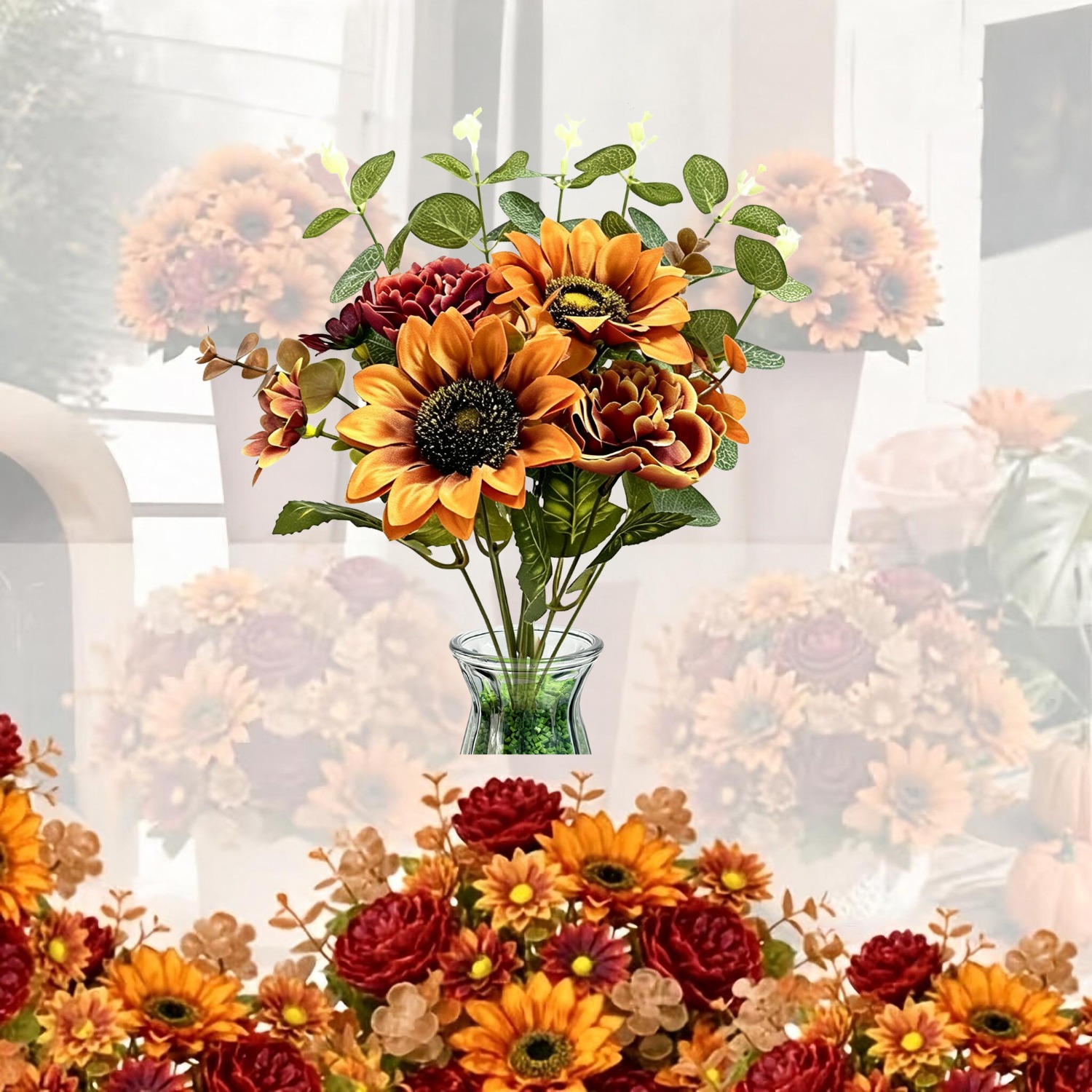 TEMU 6pcs Autumn Warm- Mixed Artificial Bouquet, Sunflower Sunflowers Burgundy Roses Peony Red Orange Small Daisies Light Small Flowers Combination,