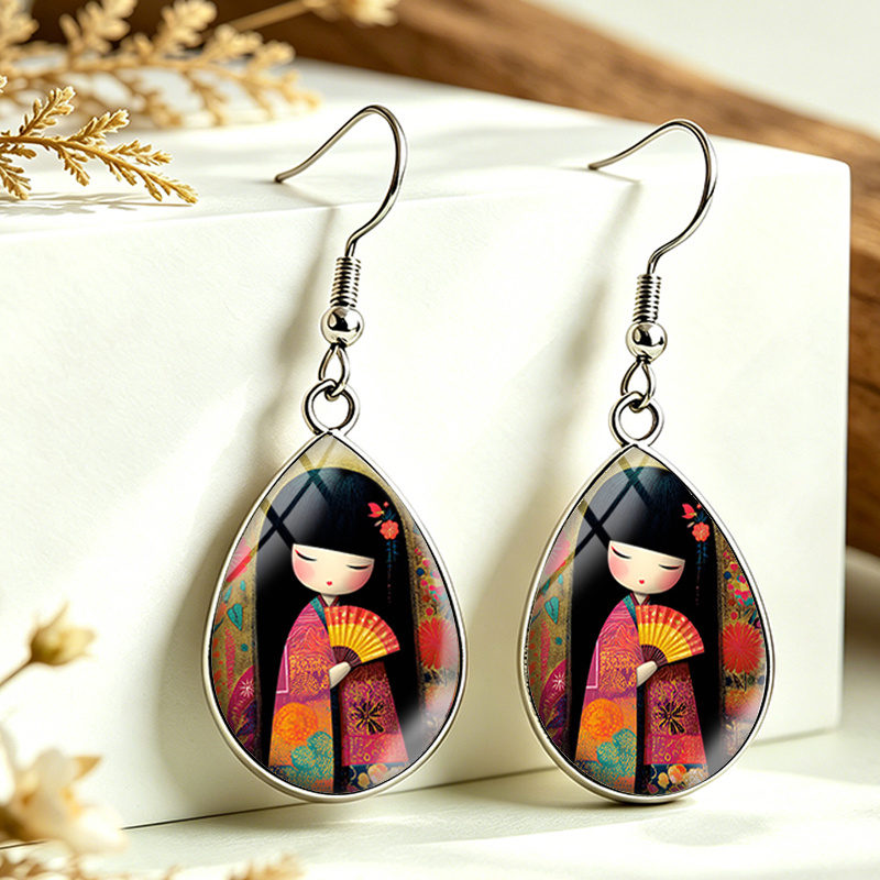 TEMU 1 Paire de Boucles d'Oreilles Cabochon en Verre de avec Poupée de Dessin Éventail Kimono, Bijoux de Mode, Cadeau