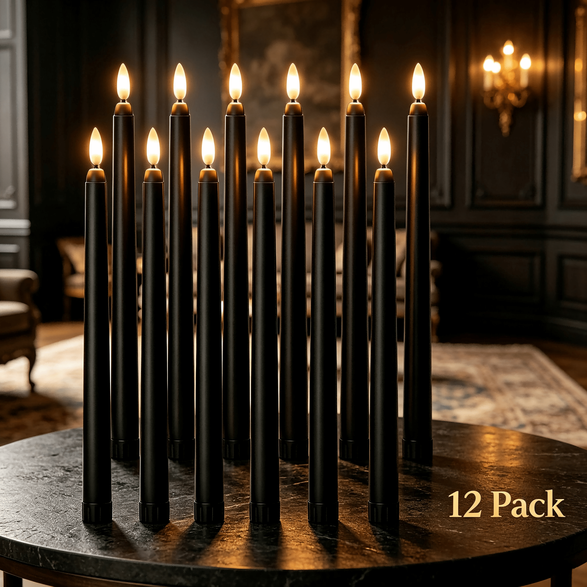 TEMU Lot de 12 bougies cierges LED noires de qualité supérieure flamme, bougies à bâton longues à flamme vacillante 3D alimentées par piles, et sûres