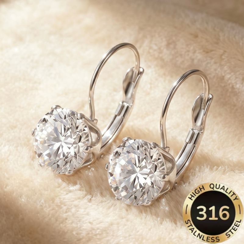 TEMU 1 Pair High-quality Steel Hypoallergenic Light Luxury Elegant Sparkling Six-claw Hexagonal Design With Round Synthetic Zirconia Women's Earrings