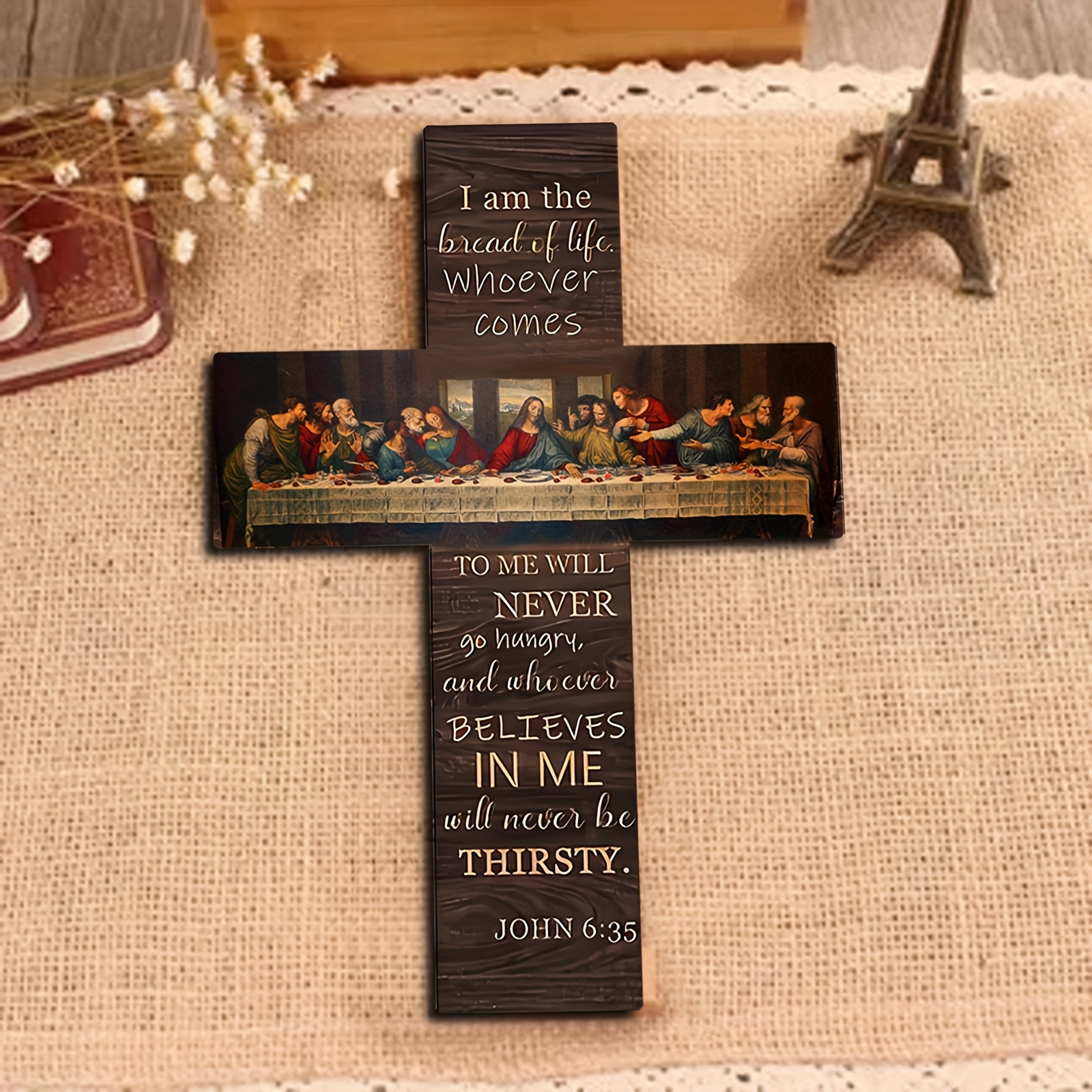 Image of Rustic Wooden Cross Sign With "last Supper" Scene And Bible Scriptures, 8x11 Inches Cross Mural, Vintage Style Living Room, Bedroom, Religious Crafts Decoration - Ideal Gift ! Christmas, Halloween