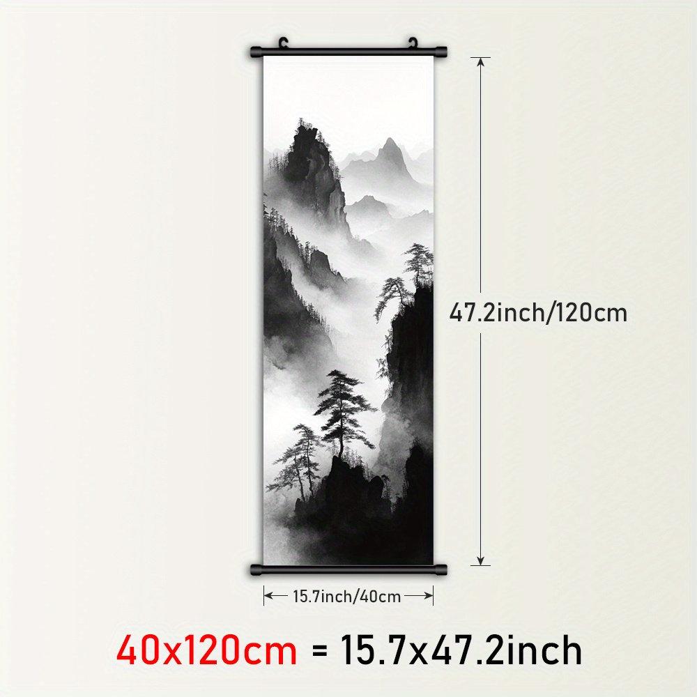 TEMU 1pc Framed Canvas Wall Art - Monochrome Landscape With Pine Trees, Vertical Scroll-style Plastic Hanging Painting For Indoor/outdoor Home Decor