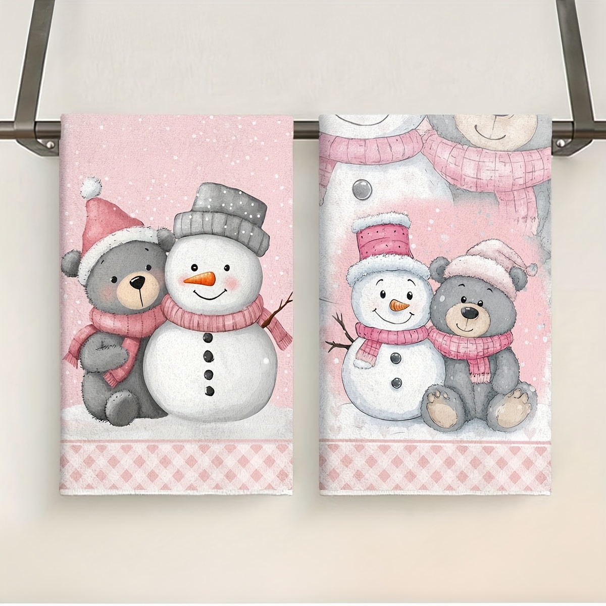 TEMU Jit2pcs Holiday Snowman And Teddy Bear Christmas Towels - Adorable Festive Kitchen Decor With A Pink Checkered Border, Soft Winter Polyester