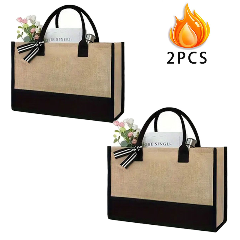 Image of 2pcs Fashionable Single Shoulder Bag Canvas Tote Bag For Men And Women Color-matching Handbag Gift For