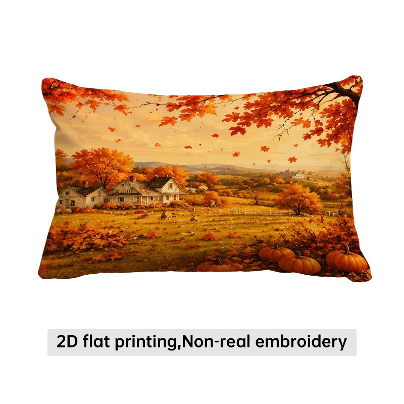 TEMU 1pc Autumn Thanksgiving Themed Pillowcase, Cottage Hillside Pumpkin Golden Autumn Scenery Pattern Printed Cushion Cover/lumbar Pillow Cover,