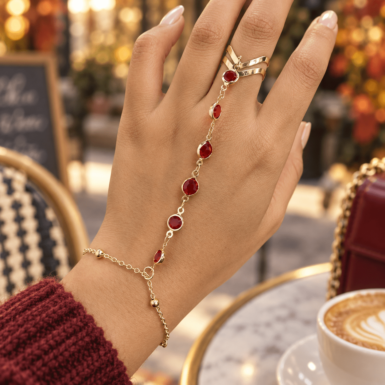 TEMU 1pc Women's Bohemian Style Red Round Chain-linked Adjustable Fingerless Bracelet For Daily Wear, Vacations, And Parties