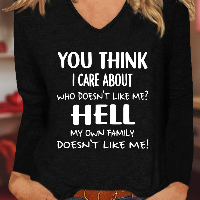 

1pc Women's Casual V-neck Long Sleeve T-shirt With "you About Who  My Own Family !" Print, Polyester Knit Fabric, Sports Style, Medium Stretch, Fall/