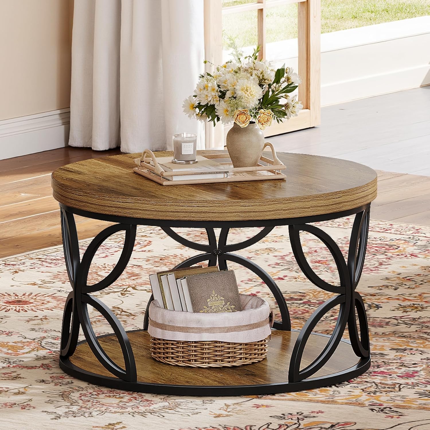 Image of 2-tier Round Coffee Table With Storage | Rustic Brown Table With Wood Grain & Black Metal Frame, 32-inch, Farmhouse Style By Fnova, Weather Resistant